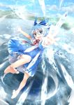  1girl aiming_at_viewer barefoot bloomers blue_dress blue_eyes blue_hair blue_sky bow cirno clouds dress hair_bow highres ice ice_wings lake open_mouth puffy_short_sleeves puffy_sleeves scarlet_devil_mansion shirt short_sleeves sky smile solo spell touhou toutenkou underwear wings 