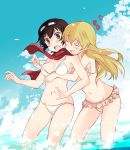  2girls abenattou assisted_exposure bikini bikini_lift blush caesar_(girls_und_panzer) carpaccio closed_eyes clouds cloudy_sky embarrassed frilled_bikini frills girls_und_panzer heart hug hug_from_behind multiple_girls open_mouth pink_bikini saliva scarf sky smile sunglasses sunglasses_on_head surprised sweatdrop swimsuit wading white_bikini white_swimsuit 