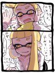  1boy 1girl 2koma blonde_hair blush breasts cleavage comic commentary_request domino_mask fang hand_on_another&#039;s_cheek hand_on_another&#039;s_face inkling long_hair mask mera_(keel) naughty_face open_clothes open_mouth open_shirt polka_dot polka_dot_shirt shirt smile splatoon tentacle_hair tongue tongue_out translation_request wavy_mouth yellow_eyes 