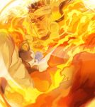  1boy absurdres dark_skin fire highres iggy_(jojo) jojo_no_kimyou_na_bouken mohammed_avdol orange_(color) sleeping sss_(suzuki4866) 