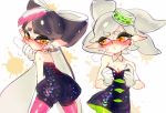  +_+ 2girls aori_(splatoon) black_dress blush breasts cleavage collarbone commentary_request detached_collar domino_mask dress eyebrows_visible_through_hair food food_on_head from_behind gloves green_legwear hair_rings heavy_breathing hotaru_(splatoon) long_hair looking_back mask mole mole_under_eye multiple_girls nose_blush object_on_head open_mouth paint_splatter pantyhose poroi_(poro586) purple_legwear short_hair silver_hair simple_background splatoon strapless_dress sushi sweat symbol-shaped_pupils tentacle_hair twitter_username unitard white_background white_gloves yellow_eyes 