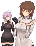  2girls alternate_costume aoba_(kantai_collection) breasts brown_hair camera cleavage cleavage_cutout furutaka_(kantai_collection) glowing glowing_eye highres kantai_collection multiple_girls open-chest_sweater ponytail purple_hair school_uniform serafuku short_hair sigm@ sweater thigh-highs yellow_eyes 