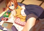  1girl barefoot blue_eyes can chips kousaka_honoka looking_at_viewer love_live!_school_idol_project mmrailgun mouth_hold orange_hair pillow pocky short_hair side_ponytail solo 