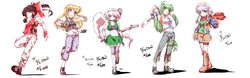  5girls absurdres adapted_costume arm_up armband armpits blonde_hair blue_eyes boots bow braid breasts brown_hair capri_pants cargo_pants collage fingerless_gloves flat_chest frog_hair_ornament full_body gloves green_eyes hair_bow hair_ornament hair_tubes hakurei_reimu highres izayoi_sakuya katana kirisame_marisa knee_boots knee_pads kochiya_sanae konpaku_youmu konpaku_youmu_(ghost) long_hair maid_headdress midriff mirror&#039;s_edge multiple_girls notice_(kou) pants red_scarf ribbon running scarf sheath sheathed shoes short_hair shorts_under_skirt side_braid silver_hair single_braid skirt sleeveless small_breasts sneakers standing sword tank_top thigh_ribbon touhou twin_braids vest weapon white_hair yellow_eyes 