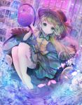  1girl barefoot dutch_angle eyeball floral_print flower frills full_body green_eyes green_hair hat hat_ribbon heart heart_of_string highres komeiji_koishi long_sleeves looking_at_viewer negimapurinn partially_submerged ribbon shirt short_hair skirt smile solo string third_eye touhou water wide_sleeves 