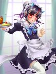  1girl :o alternate_costume apron bendy_straw blueberry cheesecake curtains drinking_straw enmaided food frilled_legwear fruit garter_straps glass hair_bun hair_ribbon highres horns ice indoors juliet_sleeves kakiikada kijin_seija long_sleeves looking_at_viewer maid maid_apron maid_headdress multicolored_hair petticoat puffy_sleeves raspberry red_eyes ribbon solo strawberry streaked_hair thigh-highs touhou tray white_legwear window 