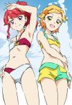  2girls aikatsu! bikini blonde_hair from_below green_eyes kurebayashi_juri long_hair multiple_girls ponytail redhead shinjou_hinaki short_hair shorts smile swimsuit umanosuke violet_eyes 