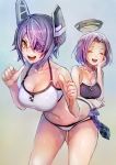  2girls :d bikini breasts checkered_necktie cleavage collarbone eyepatch headgear highres kantai_collection looking_at_viewer mechanical_halo multiple_girls necktie open_mouth pointing pointing_at_self purple_hair short_hair smile swimsuit taishi_(picchiridou) tatsuta_(kantai_collection) teeth tenryuu_(kantai_collection) thumbs_up yellow_eyes 