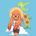  1girl 2015 artist_name bike_shorts blue_background clouds dark_skin dated flower food fruit hat inkling jikuno long_hair orange_eyes orange_hair pointy_ears shirt smile solo splatoon squid sun_hat sunflower tentacle_hair tied_shirt v-neck watermelon white_shirt 