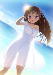  1girl bare_shoulders bird blush brown_hair dress dutch_angle fang ichi_makoto long_hair neck_ribbon ocean original red_eyes ribbon seagull see-through sky smile solo water white_dress 