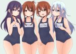  4girls akatsuki_(kantai_collection) akky_(akimi1127) blue_eyes breasts brown_eyes brown_hair cowboy_shot fang folded_ponytail hair_ornament hairclip hibiki_(kantai_collection) ikazuchi_(kantai_collection) inazuma_(kantai_collection) kantai_collection lineup long_hair looking_at_viewer multiple_girls name_tag one-piece_swimsuit open_mouth purple_hair school_swimsuit simple_background smile swimsuit violet_eyes white_background white_hair 