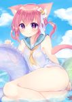  1girl animal_ears cat_ears cat_tail highres irone_(miyamiya38) one-piece_swimsuit original pink_hair sailor_collar solo swimsuit tail violet_eyes 