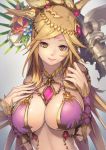  1girl blonde_hair bracer breasts facial_mark flower forehead_mark hair_flower hair_ornament jewelry kali_(p&amp;d) lamchun_(2006) large_breasts long_hair looking_at_viewer mole mole_under_mouth nail_polish puzzle_&amp;_dragons solo yellow_eyes 