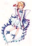  1girl bare_shoulders brown_hair cardcaptor_sakura dress elbow_gloves fuuin_no_tsue gloves green_eyes highres kazi kinomoto_sakura magical_girl short_hair solo star wand 