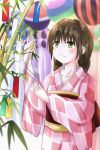  1girl brown_hair green_eyes highres japanese_clothes kimono original short_hair solo tanabata tanzaku xyomouse yukata 