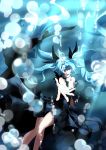 1girl black_dress blue_eyes blue_hair breasts bubble cleavage dress hair_over_one_eye hair_ribbon hatsune_miku highres long_hair looking_at_viewer open_mouth ribbon shinkai_shoujo_(vocaloid) solo teeth twintails underwater vocaloid yayilu 