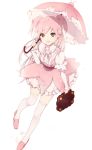  1girl bag cherry_blossom_cookie cookie_run full_body long_hair long_sleeves looking_at_viewer lp_(hamasa00) parasol pink pink_hair pink_skirt red_eyes skirt smile solo thigh-highs twintails two_side_up umbrella 