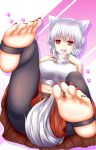  1girl absurdres animal_ears black_legwear breasts detached_sleeves feet finger_to_mouth hand_on_own_chest heart heart-shaped_pupils highres inubashiri_momiji large_breasts looking_at_viewer midriff nail_polish navel no_hat oohirakeisuke open_mouth pantyhose red_eyes short_hair silver_hair soles solo symbol-shaped_pupils tail thigh-highs touhou wolf_ears wolf_tail 