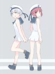  2girls arms_behind_back bare_shoulders blue_eyes clothes_writing from_behind full_body hat highres kantai_collection leg_up looking_back multiple_girls open_mouth red_eyes redhead sailor_collar sailor_hat seedflare shirt short_hair silver_hair sleeveless sleeveless_shirt standing z1_leberecht_maass_(kantai_collection) z3_max_schultz_(kantai_collection) 