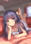  1girl bangs barefoot black_hair blunt_bangs blurry blush bow chemise chin_rest collarbone couch curtains depth_of_field downblouse feet_up full_body gokou_ruri highres indoors lamp lingerie long_hair looking_at_viewer lying mole mole_under_eye on_couch on_stomach ore_no_imouto_ga_konna_ni_kawaii_wake_ga_nai ringed_eyes sleeveless small_breasts smile solo underwear violet_eyes weiyinji_xsk window 