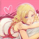  1girl blonde_hair blue_eyes catherine catherine_(game) clockwork-cadaver drill_hair heart looking_at_viewer lying on_stomach parted_lips smile solo twin_drills 