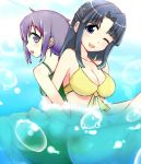  2girls asakura_ryouko bikini blue_eyes blue_hair breasts bubble cleavage kon5283 locked_arms long_hair multiple_girls nagato_yuki nagato_yuki-chan_no_shoushitsu one_eye_closed short_hair smile suzumiya_haruhi_no_shoushitsu suzumiya_haruhi_no_yuuutsu swimsuit water 