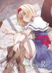  1girl alice_margatroid blonde_hair blue_dress boots capelet cross-laced_footwear crote doll_joints dress green_eyes hairband lace-up_boots light_particles lying on_side parted_lips ribbon sash short_hair short_sleeves solo text touhou 