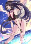  arm_strap bare_shoulders beach bikini black_hair blue_eyes grace_(terra_battle) kether one_eye_closed sunset swimsuit terra_battle 