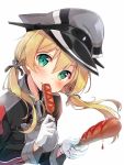  1girl anchor_hair_ornament blonde_hair blush eating gloves green_eyes hair_ornament hat kakao_rantan kantai_collection looking_at_viewer low_twintails military military_hat military_uniform peaked_cap prinz_eugen_(kantai_collection) sausage simple_background solo twintails uniform white_background white_gloves 