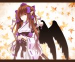  1girl black_wings border brown_eyes brown_hair checkered crote expressionless hair_ornament hair_ribbon hat highres himekaidou_hatate japanese_clothes katana kourindou_tengu_costume leaf long_hair long_sleeves looking_at_viewer maple_leaf obi pointy_ears pom_pom_(clothes) ribbon sash solo string sword tokin_hat touhou twintails weapon wide_sleeves wings 