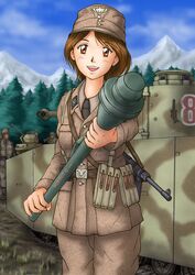  1girl belt blush brown_eyes brown_hair clouds cowboy_shot forest gun hat helmet looking_at_viewr military military_uniform military_vehicle mountain mp40 nature necktie open_mouth original panzerfaust panzerkampfwagen_iv pouch sky smile snow soldier submachine_gun tank tree tsuru_maxim uniform vehicle weapon world_war_ii 