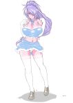  1girl breasts cleavage distance elbow_gloves gloves hair_over_one_eye ikkitousen kan&#039;u_unchou large_breasts loafers looking_at_viewer midriff navel panties ponytail purple_hair shiny shiny_skin shoes smile solo thigh-highs underwear violet_eyes white_gloves white_legwear white_panties 