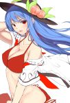  1girl ass bikini blue_hair breasts cleavage collarbone food fruit hat hinanawi_tenshi large_breasts long_hair looking_at_viewer neropaso open_clothes open_mouth open_shirt peach red_bikini red_eyes shirt side-tie_bikini smile solo swimsuit touhou very_long_hair wind 