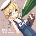  1girl ? absurdres adjusting_glasses ahoge blonde_hair bottle character_name dated glasses green_eyes hat highres huge_ahoge i-8_(kantai_collection) kantai_collection long_hair name_tag open_mouth peaked_cap red-framed_glasses school_swimsuit semi-rimless_glasses solo swimsuit tsuchikure_(3105mitoko) twintails twitter_username under-rim_glasses 