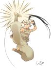  1girl ankle_wraps antenna_hair baggy_pants bandaged_arm barefoot black_hair colo_(nagrolaz) flying_kick full_body high_kick high_ponytail highres ibuki_(street_fighter) kicking long_hair ninja pants ponytail sleeveless solo street_fighter toes 