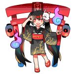  1girl black_hair fox_mask getiao hatsune_miku japanese_clothes kimono long_hair looking_at_viewer mask musunde_hiraite_rasetsu_to_mukuro_(vocaloid) open_mouth red_eyes sandals simple_background solo torii twintails very_long_hair vocaloid white_background 