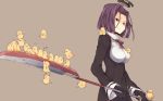  1girl bird chick glaive glasses gloves halo kantai_collection polearm purple_hair safai short_hair solo tatsuta_(kantai_collection) too_many_chicks violet_eyes weapon 