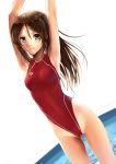  1girl armpits arms_up blush brown_eyes brown_hair competition_school_swimsuit competition_swimsuit derivative_work dutch_angle highleg highleg_swimsuit katahira_masashi long_hair looking_at_viewer one-piece_swimsuit original pool red_swimsuit smile solo swimsuit 