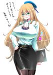  1girl aqua_eyes atago_(kantai_collection) blonde_hair hand_on_hip hat kantai_collection long_hair looking_at_viewer open_mouth pantyhose pencil_skirt perepere-kun simple_background skirt solo translation_request white_background 