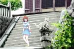  1girl blue_skirt brown_eyes brown_hair cat commentary_request fence gimanyu navel original outdoors pleated_skirt school_uniform serafuku shoes short_hair shrine skirt sneakers solo stairs stomach stone_lantern tree wristband 
