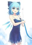  1girl adapted_costume alternate_costume blue_dress blue_eyes blue_hair blush cirno culter dress hair_ornament hair_ribbon hose ice ice_wings jpeg_artifacts open_mouth ribbon short_hair sleeveless smile solo text touhou twitter_username water wings 