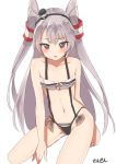  1girl amatsukaze_(kantai_collection) artist_name bikini blush brown_eyes collarbone flat_chest grey_hair kantai_collection long_hair looking_at_viewer mini_hat navel open_mouth sensen simple_background solo swimsuit twintails white_background 