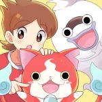  1boy amano_keita blush_stickers brown_eyes brown_hair cat fangs ghost jibanyan lowres mei_(maysroom) multiple_tails notched_ear open_mouth purple_lips red_shirt shirt short_hair simple_background star t-shirt tail two_tails whisper_(youkai_watch) yellow_background youkai youkai_watch 