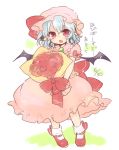  1girl bat_wings blue_hair bouquet bow fang flower hat hat_bow mary_janes mob_cap open_mouth red_eyes remilia_scarlet shoes solo takamura touhou wings 
