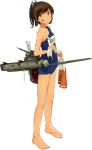  1girl :&lt; airplane bare_legs brown_eyes brown_hair dirty_face full_body hair_ornament holding holding_clothes i-401_(kantai_collection) kantai_collection name_tag official_art old_school_swimsuit one-piece_swimsuit school_swimsuit school_uniform serafuku shibafu_(glock23) short_hair short_ponytail sleeveless solo swimsuit tan torn_clothes torn_swimsuit transparent_background 