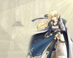  1girl akatsuki_matsumoto alternate_hairstyle armor armored_dress artist_name blonde_hair cape character_name copyright_name dress fate/stay_night fate_(series) green_eyes long_hair saber solo wallpaper 