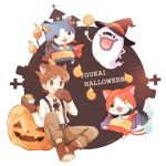  1boy amano_keita animal_ears artist_name boots brown_hair candy cape cat cross eating english fangs food food_on_face gabunyan ghost gloves halloween hat jack-o&#039;-lantern jibanyan kemonomimi_mode licking_lips lollipop looking_at_viewer mei_(maysroom) multiple_tails notched_ear one_eye_closed open_mouth pants paw_gloves pumpkin purple_lips short_hair simple_background sitting suspenders swirl_lollipop tail tombstone tongue tongue_out two_tails vampire whisper_(youkai_watch) white_background witch_hat youkai youkai_watch youkai_watch_2 