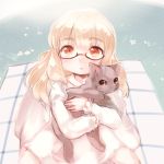  1girl black_cat blonde_hair cat dress glasses holding holding_animal long_hair long_sleeves looking_at_viewer okayu_(headless) open_mouth orange_eyes perrine_h_clostermann puffy_long_sleeves puffy_sleeves red-framed_glasses semi-rimless_glasses solo strike_witches under-rim_glasses white_dress 