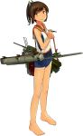  1girl airplane bare_legs brown_eyes brown_hair full_body hair_ornament i-401_(kantai_collection) kantai_collection official_art old_school_swimsuit one-piece_swimsuit school_swimsuit school_uniform serafuku shibafu_(glock23) short_hair short_ponytail sleeveless smile solo swimsuit tan transparent_background 