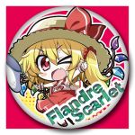  &gt;_o 1girl akaneya blush blush_stickers bow butterfly_net character_name fang flandre_scarlet hand_net hat hat_bow lowres one_eye_closed red_eyes solo straw_hat touhou wings 